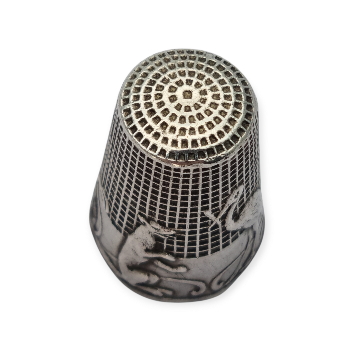 Dedal antiguo plata maciza fábula El zorro y la cigüeña La Fontaine circa 1920-30