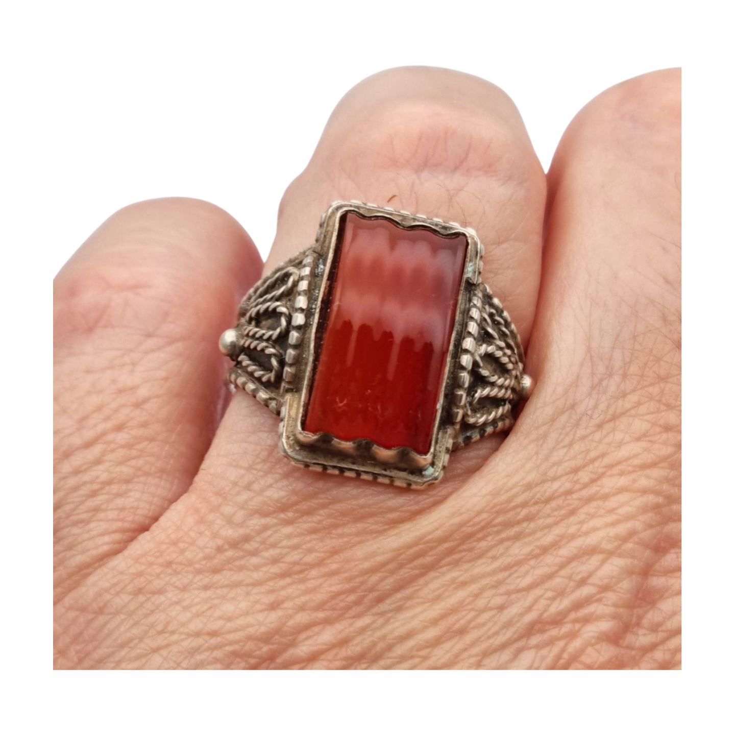 Anillo Art Déco antiguo de plata y cornalina circa 1940-50