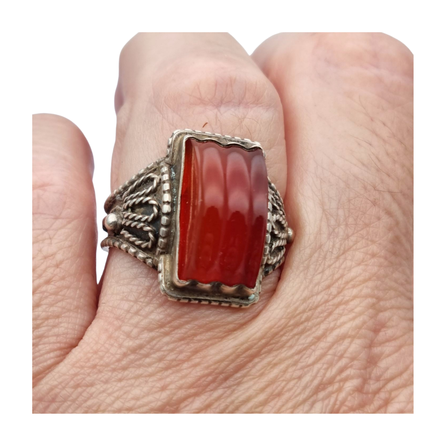 Anillo Art Déco antiguo de plata y cornalina circa 1940-50