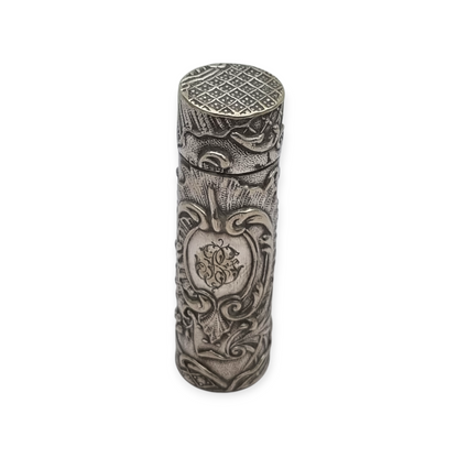Art Nouveau floral ointment bottle in silver for chatelaine and monogram, circa 1900.