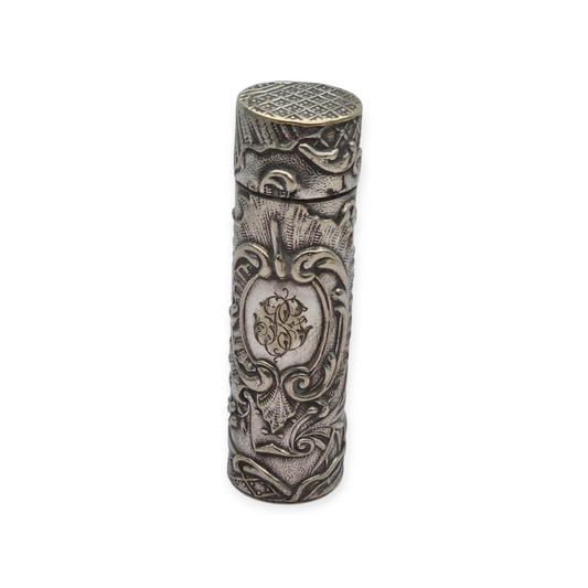 Art Nouveau floral ointment bottle in silver for chatelaine and monogram, circa 1900.