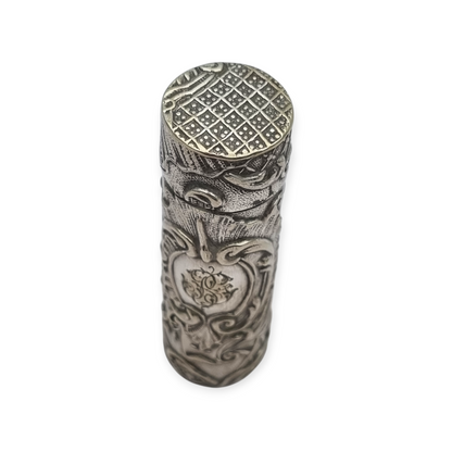 Art Nouveau floral ointment bottle in silver for chatelaine and monogram, circa 1900.