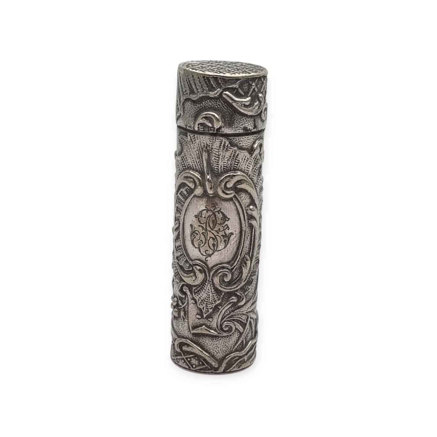 Art Nouveau floral ointment bottle in silver for chatelaine and monogram, circa 1900.