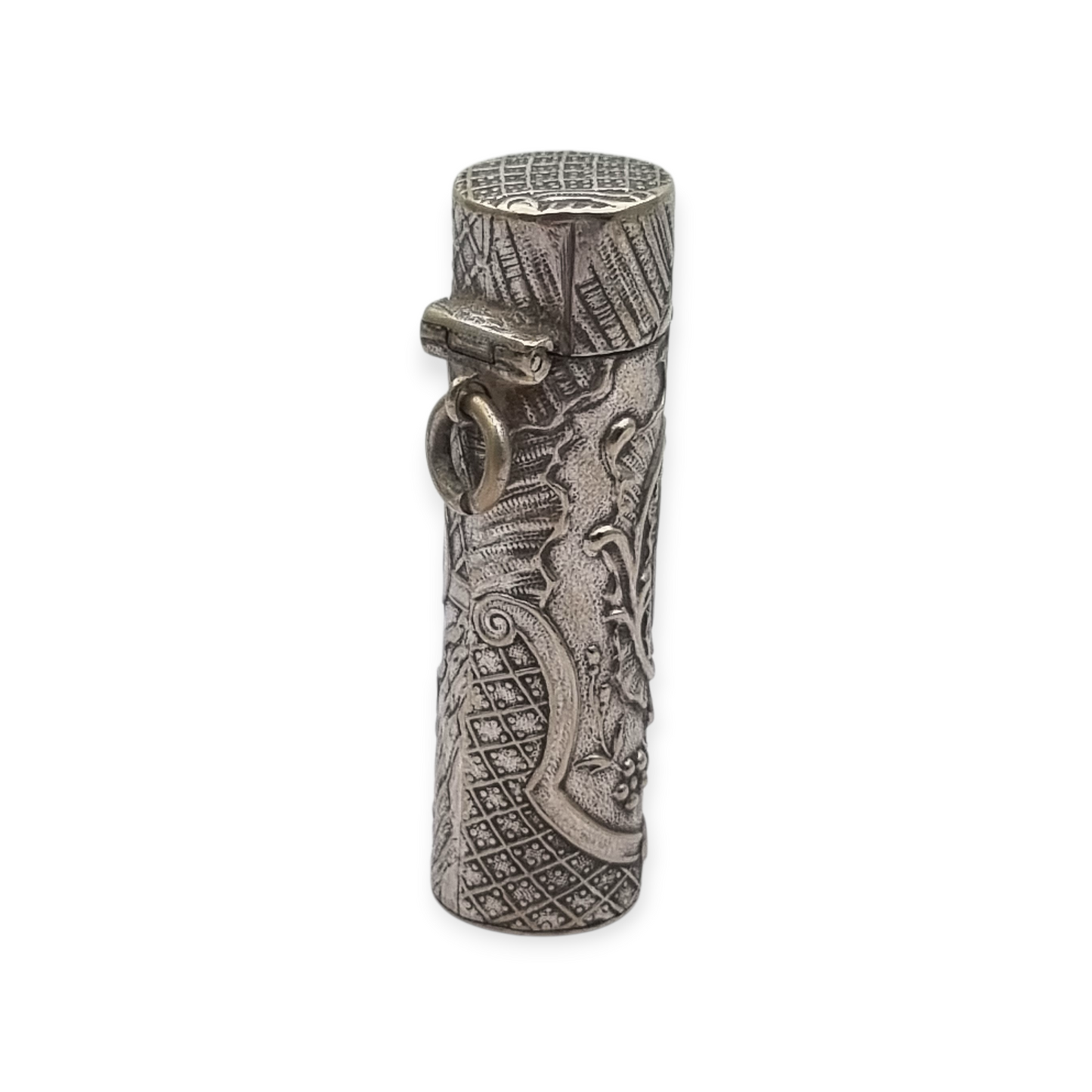 Art Nouveau floral ointment bottle in silver for chatelaine and monogram, circa 1900.
