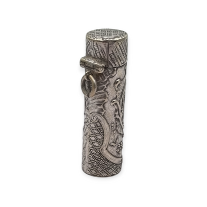 Art Nouveau floral ointment bottle in silver for chatelaine and monogram, circa 1900.
