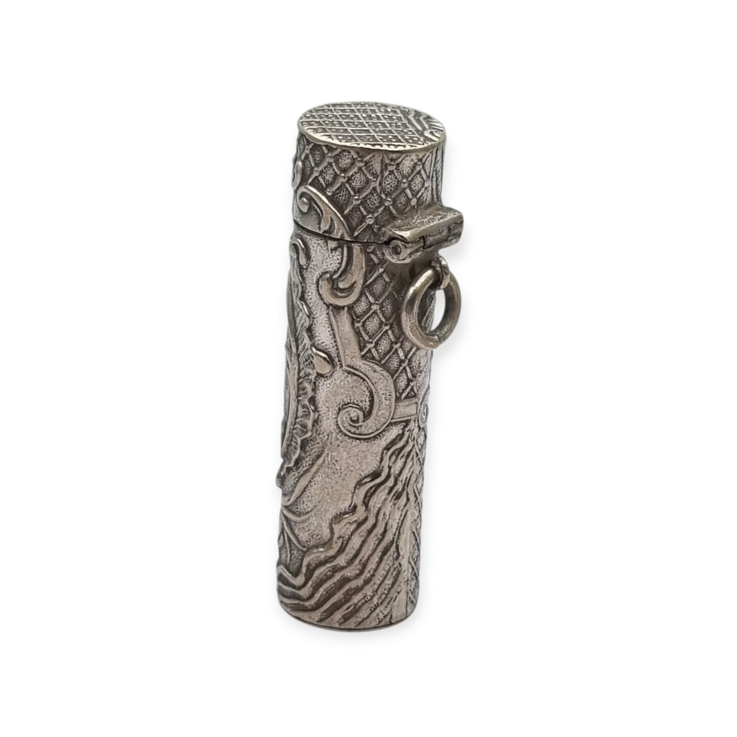 Art Nouveau floral ointment bottle in silver for chatelaine and monogram, circa 1900.