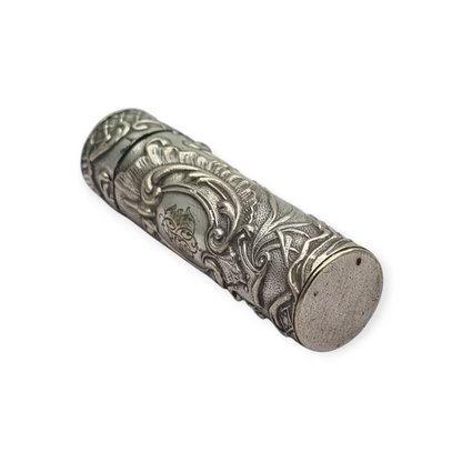 Art Nouveau floral ointment bottle in silver for chatelaine and monogram, circa 1900.