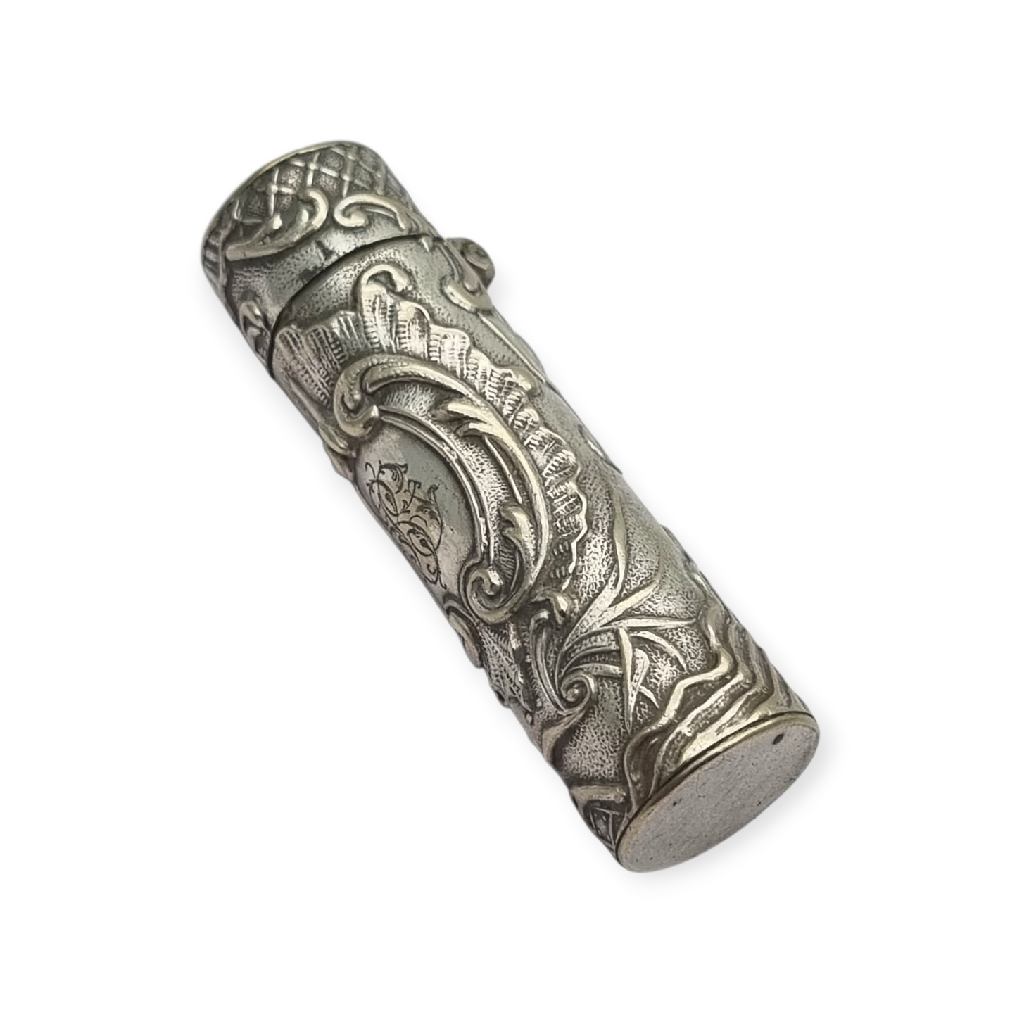 Art Nouveau floral ointment bottle in silver for chatelaine and monogram, circa 1900.