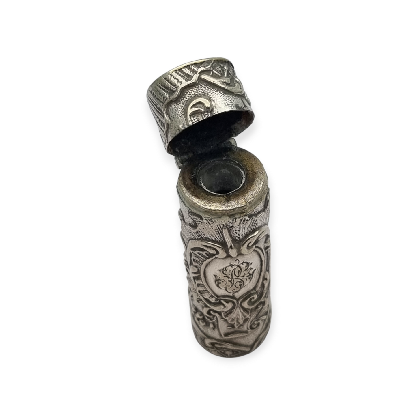 Art Nouveau floral ointment bottle in silver for chatelaine and monogram, circa 1900.