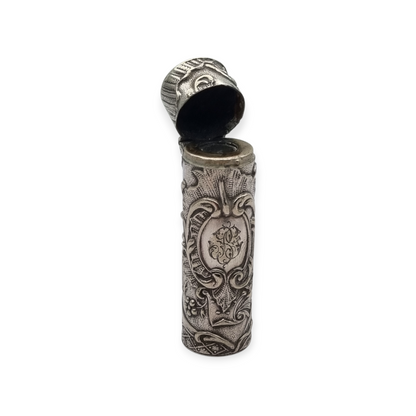 Art Nouveau floral ointment bottle in silver for chatelaine and monogram, circa 1900.
