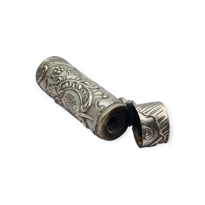 Art Nouveau floral ointment bottle in silver for chatelaine and monogram, circa 1900.