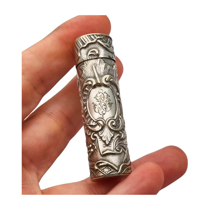 Art Nouveau floral ointment bottle in silver for chatelaine and monogram, circa 1900.