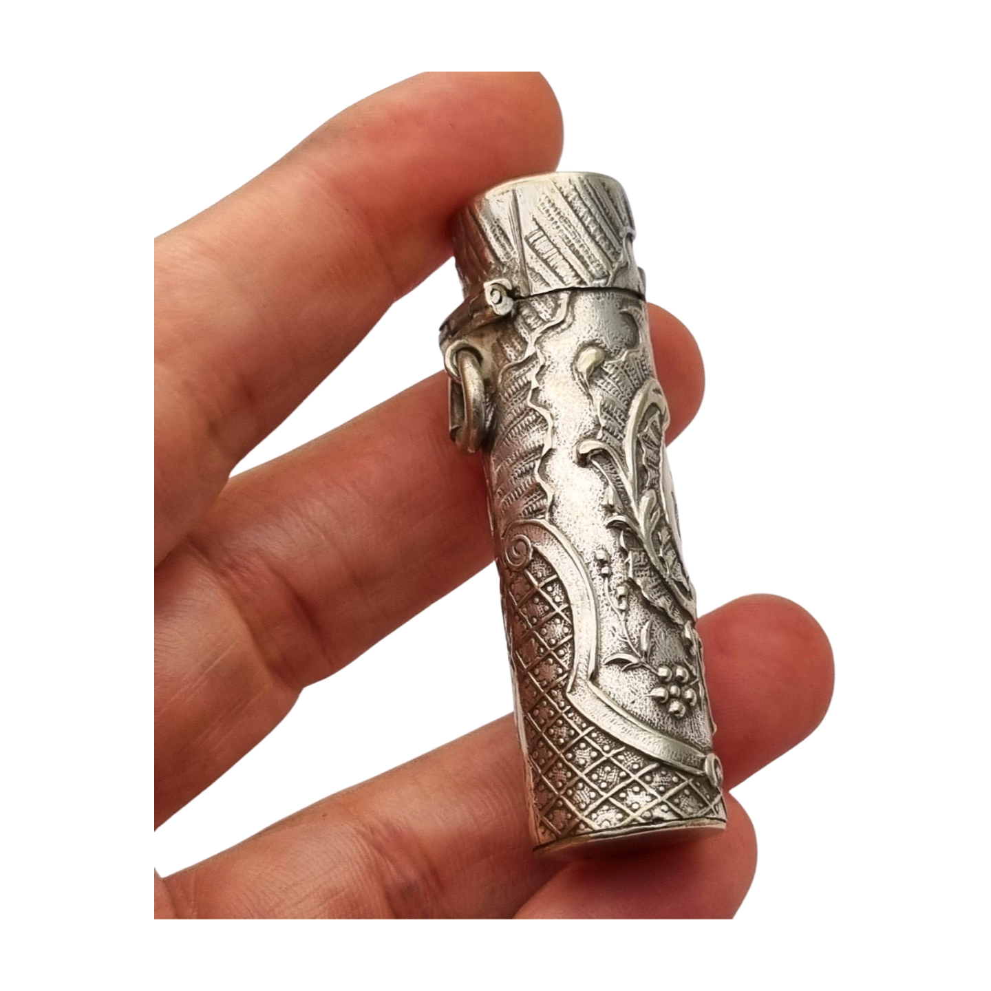 Art Nouveau floral ointment bottle in silver for chatelaine and monogram, circa 1900.