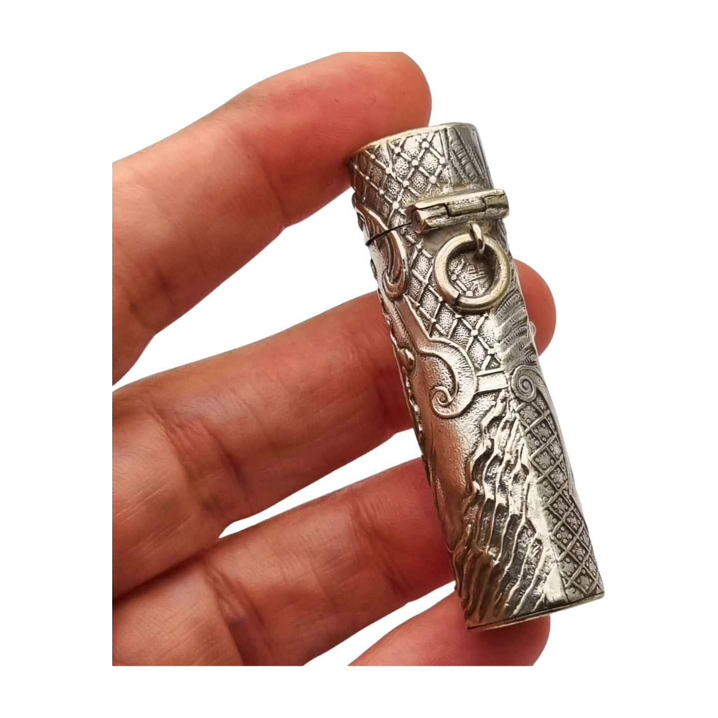 Art Nouveau floral ointment bottle in silver for chatelaine and monogram, circa 1900.