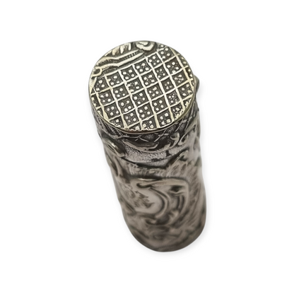 Art Nouveau floral ointment bottle in silver for chatelaine and monogram, circa 1900.