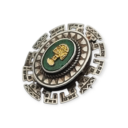 Broche colgante plata 950 y Tumi de oro con piedra verde , Perú circa 1970