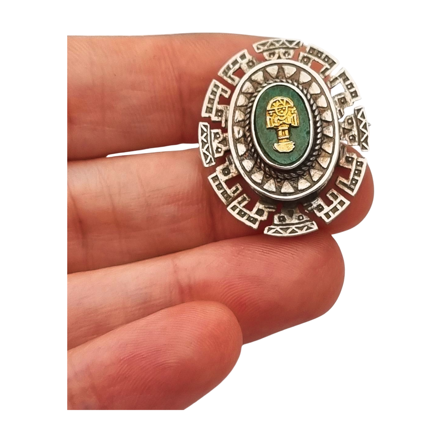 Broche colgante plata 950 y Tumi de oro con piedra verde , Perú circa 1970