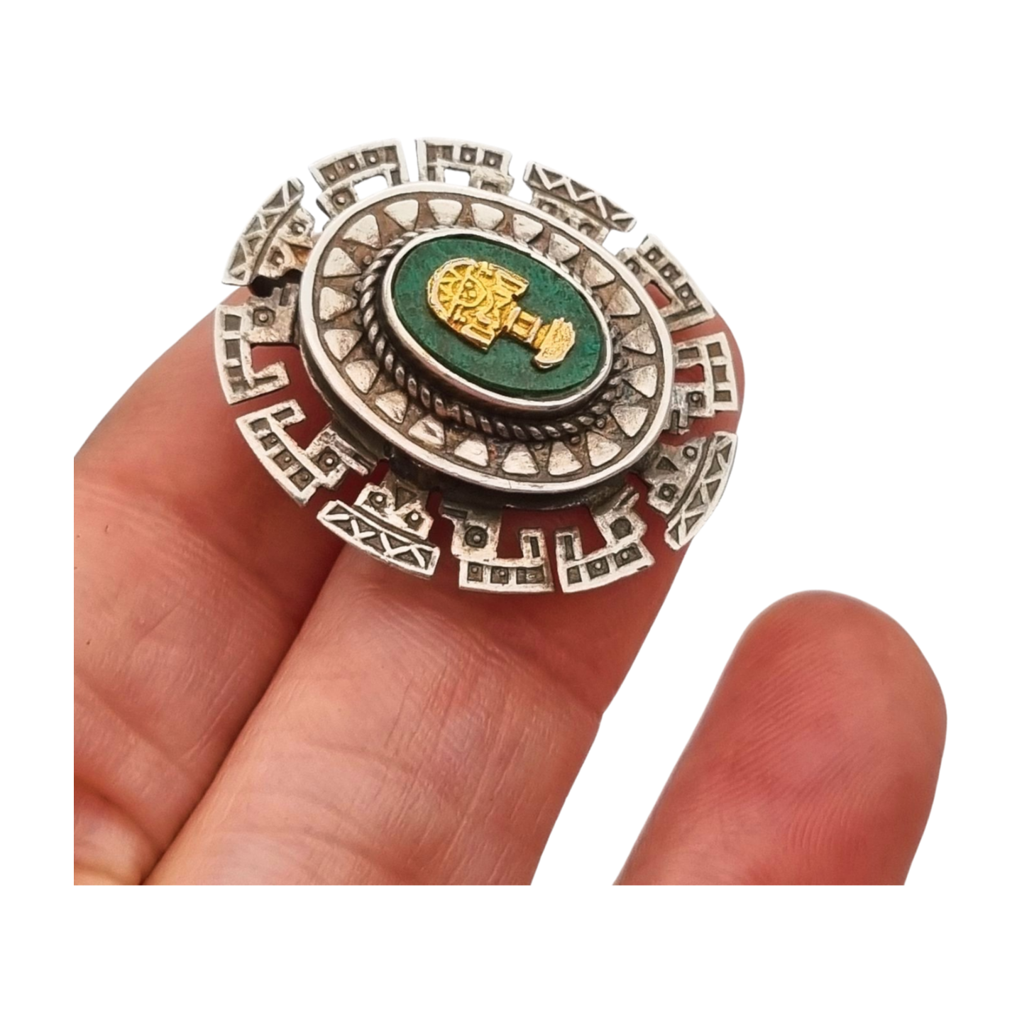 Broche colgante plata 950 y Tumi de oro con piedra verde , Perú circa 1970