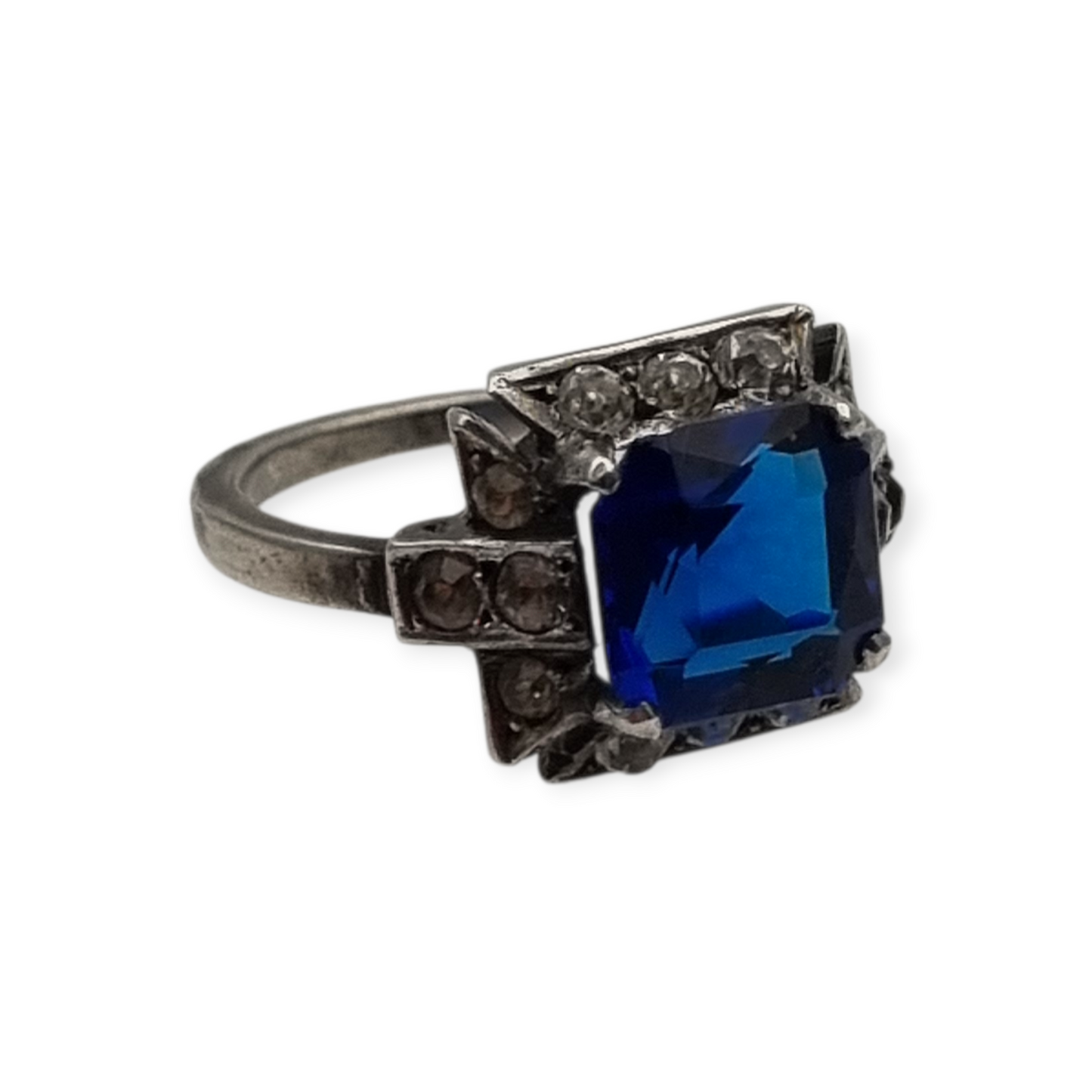 Silver cocktail ring with faceted blue stone and rhinestones, elegant style, size 13, 1980