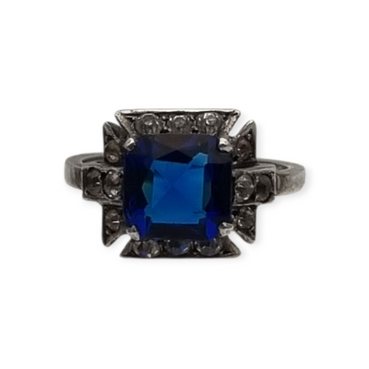 Silver cocktail ring with faceted blue stone and rhinestones, elegant style, size 13, 1980