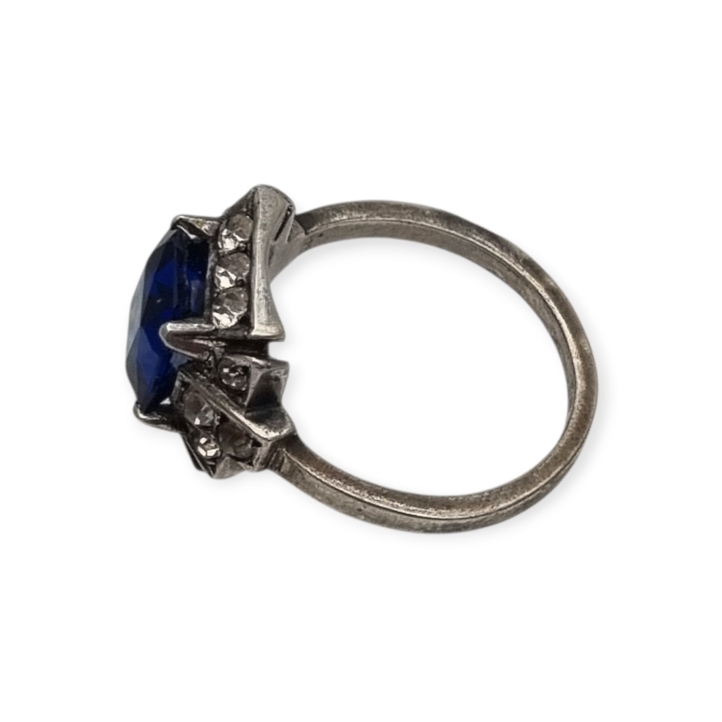 Silver cocktail ring with faceted blue stone and rhinestones, elegant style, size 13, 1980