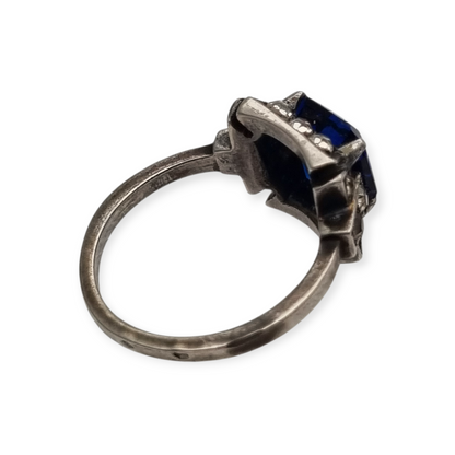Silver cocktail ring with faceted blue stone and rhinestones, elegant style, size 13, 1980