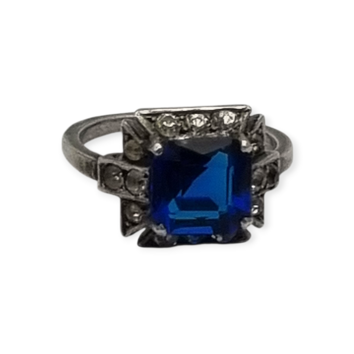 Silver cocktail ring with faceted blue stone and rhinestones, elegant style, size 13, 1980