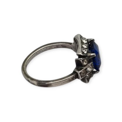 Silver cocktail ring with faceted blue stone and rhinestones, elegant style, size 13, 1980