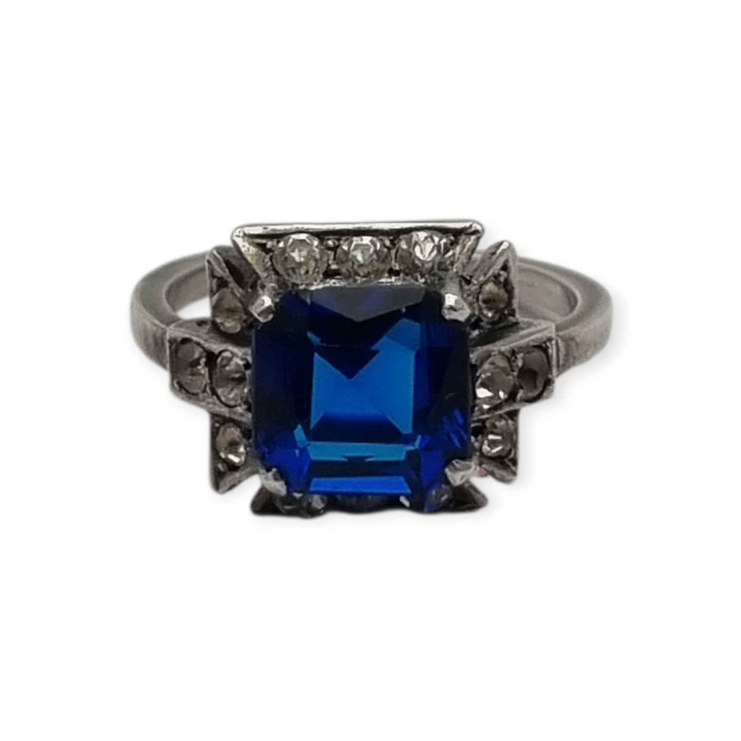 Silver cocktail ring with faceted blue stone and rhinestones, elegant style, size 13, 1980