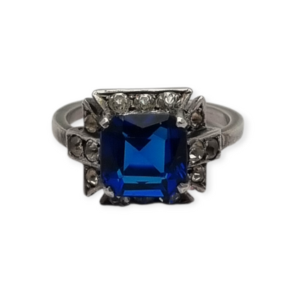 Silver cocktail ring with faceted blue stone and rhinestones, elegant style, size 13, 1980
