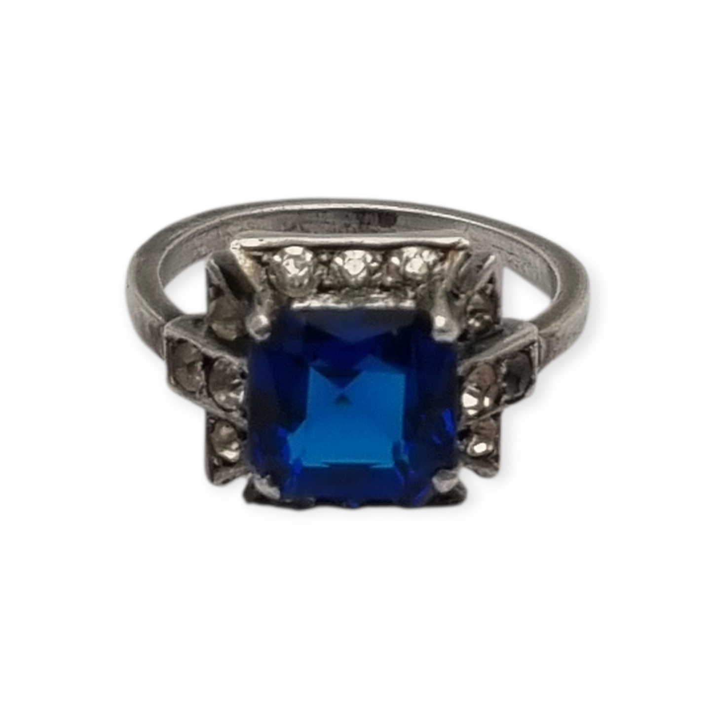 Silver cocktail ring with faceted blue stone and rhinestones, elegant style, size 13, 1980