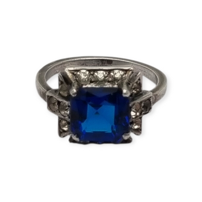 Silver cocktail ring with faceted blue stone and rhinestones, elegant style, size 13, 1980