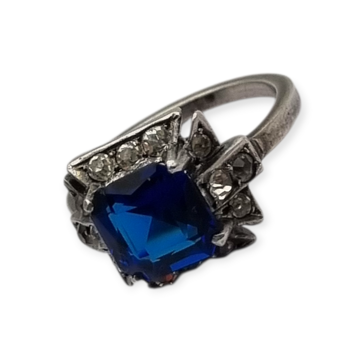 Silver cocktail ring with faceted blue stone and rhinestones, elegant style, size 13, 1980