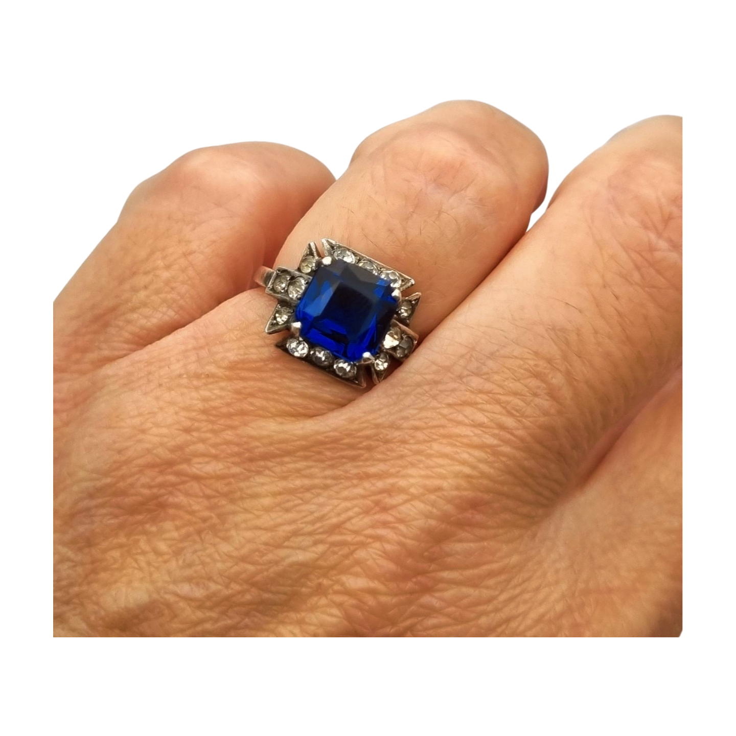 Silver cocktail ring with faceted blue stone and rhinestones, elegant style, size 13, 1980