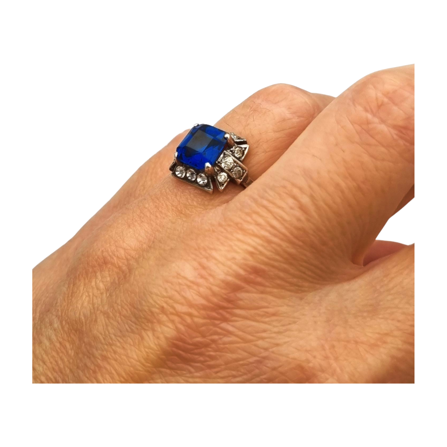Silver cocktail ring with faceted blue stone and rhinestones, elegant style, size 13, 1980
