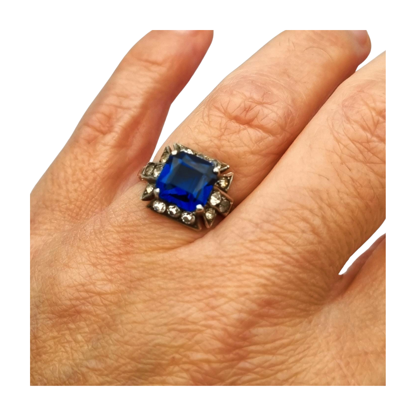 Silver cocktail ring with faceted blue stone and rhinestones, elegant style, size 13, 1980