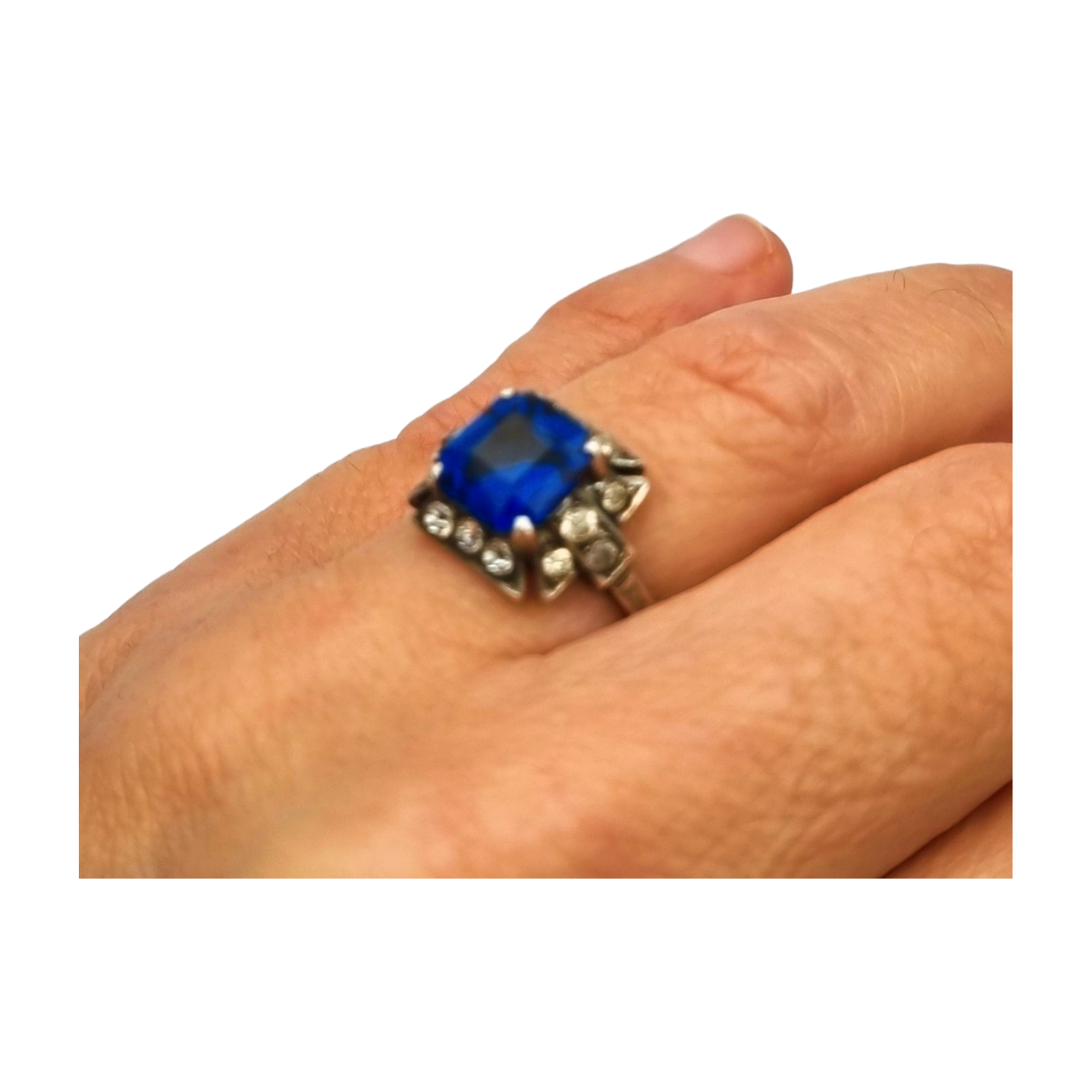 Silver cocktail ring with faceted blue stone and rhinestones, elegant style, size 13, 1980