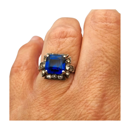 Silver cocktail ring with faceted blue stone and rhinestones, elegant style, size 13, 1980
