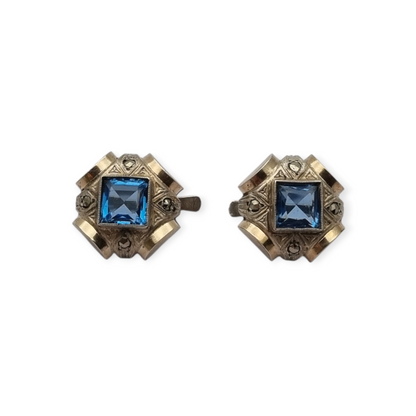 Catalan Art Deco earrings in silver and aquamarine-style blue stone, circa 1930-40