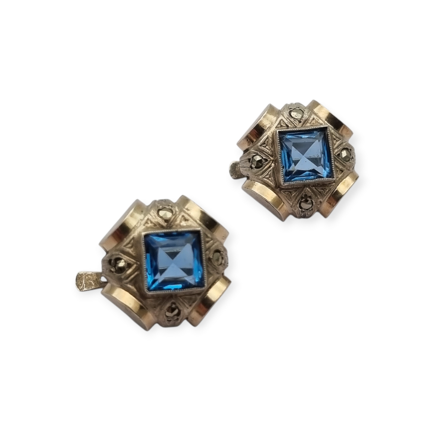Catalan Art Deco earrings in silver and aquamarine-style blue stone, circa 1930-40