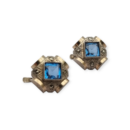 Catalan Art Deco earrings in silver and aquamarine-style blue stone, circa 1930-40