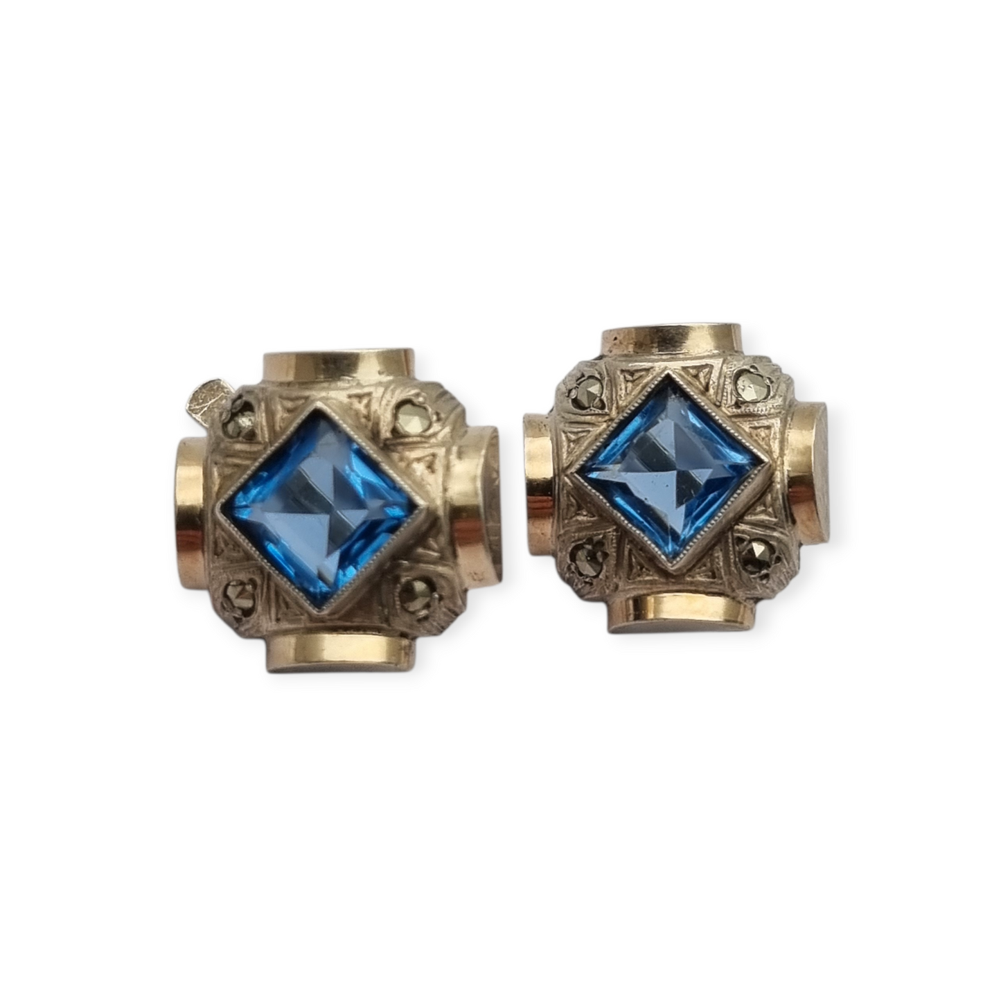 Catalan Art Deco earrings in silver and aquamarine-style blue stone, circa 1930-40