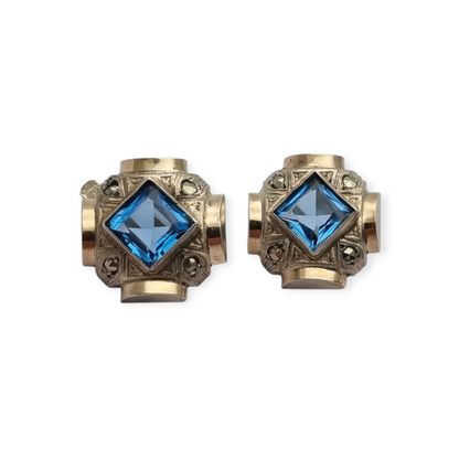 Catalan Art Deco earrings in silver and aquamarine-style blue stone, circa 1930-40