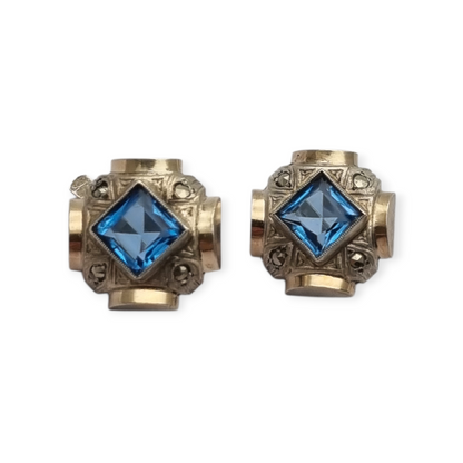 Catalan Art Deco earrings in silver and aquamarine-style blue stone, circa 1930-40