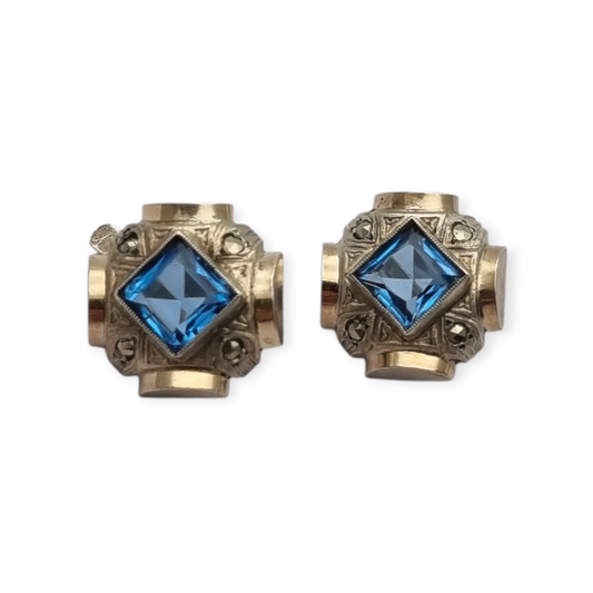 Catalan Art Deco earrings in silver and aquamarine-style blue stone, circa 1930-40