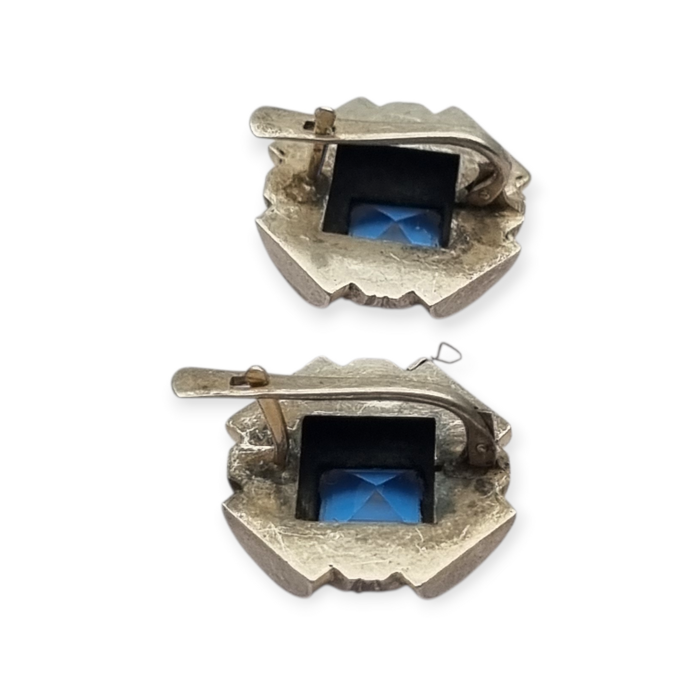 Catalan Art Deco earrings in silver and aquamarine-style blue stone, circa 1930-40