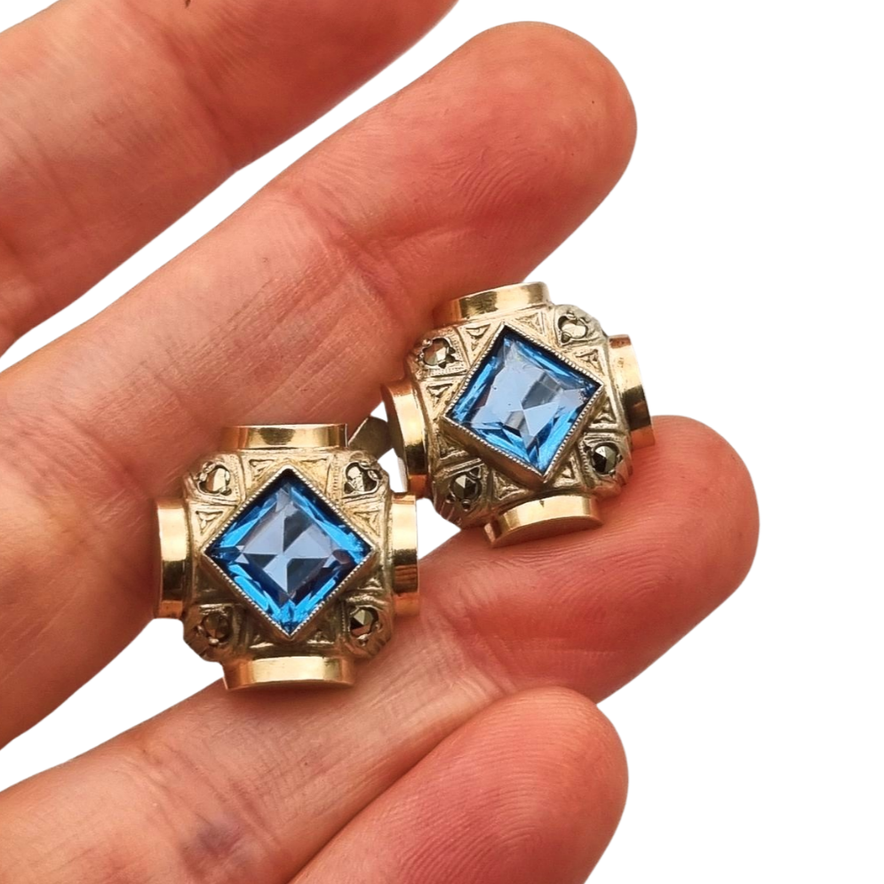 Catalan Art Deco earrings in silver and aquamarine-style blue stone, circa 1930-40