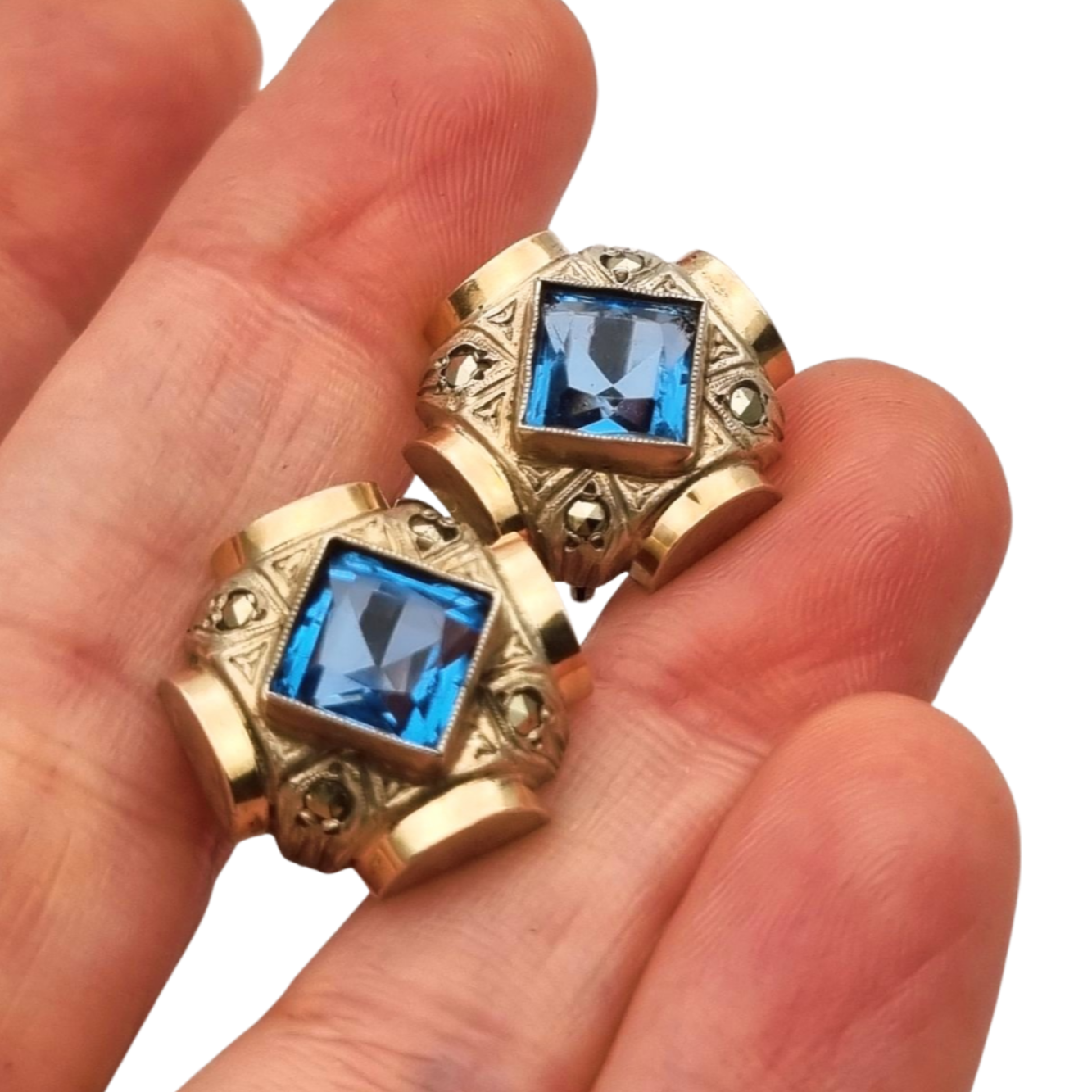 Catalan Art Deco earrings in silver and aquamarine-style blue stone, circa 1930-40
