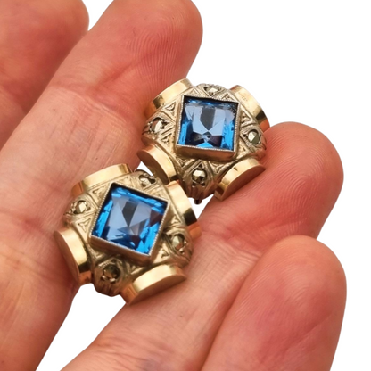 Catalan Art Deco earrings in silver and aquamarine-style blue stone, circa 1930-40