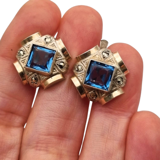 Catalan Art Deco earrings in silver and aquamarine-style blue stone, circa 1930-40